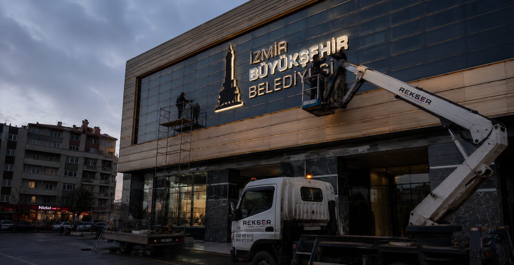 Rekser ekibi bir belediye binasının cephesine ışıklı tabela montajı yaparken