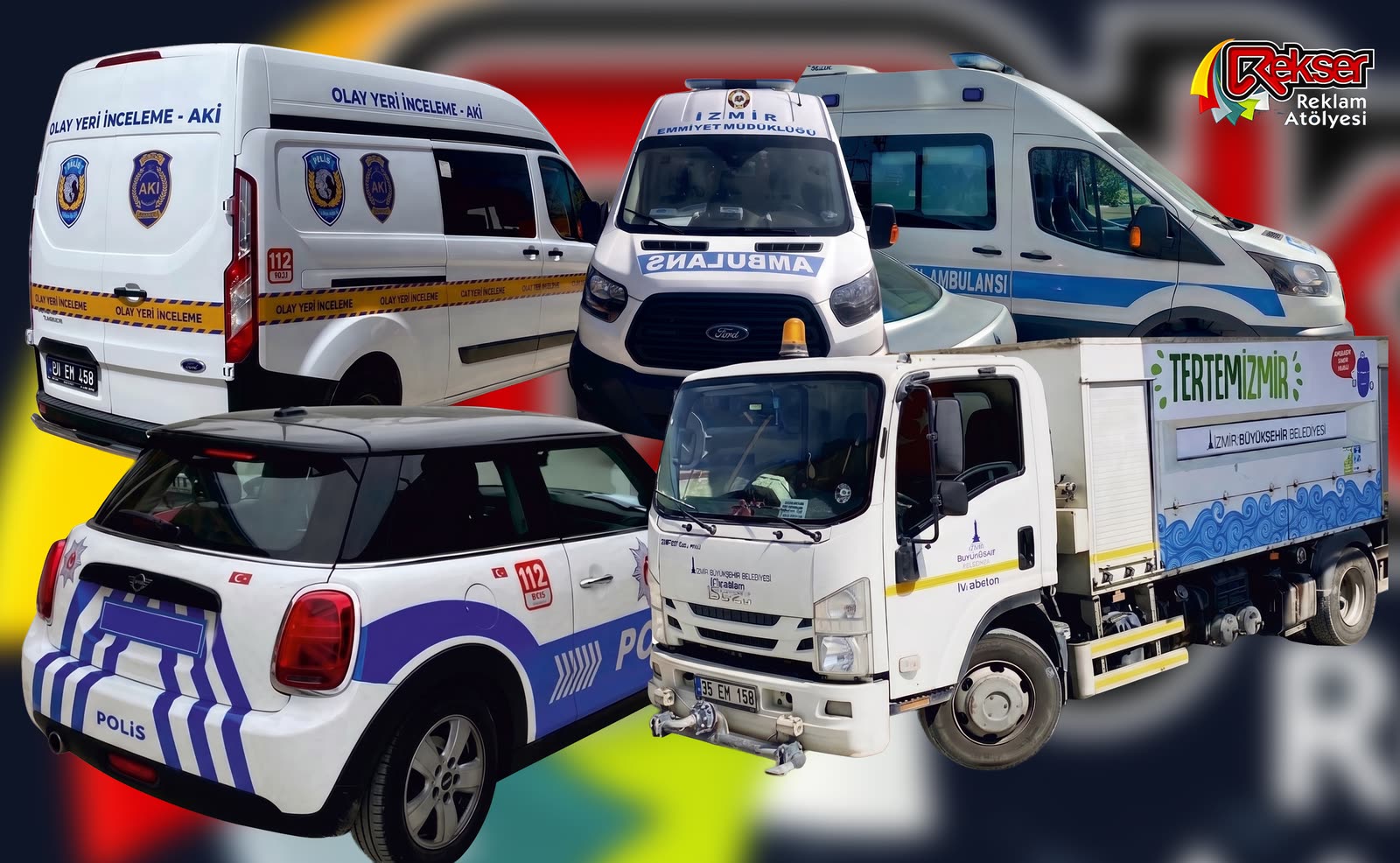 Olay yeri inceleme, ambulans, polis ve İzmir Büyükşehir Belediyesi araçlarında Rekser araç giydirme uygulamaları